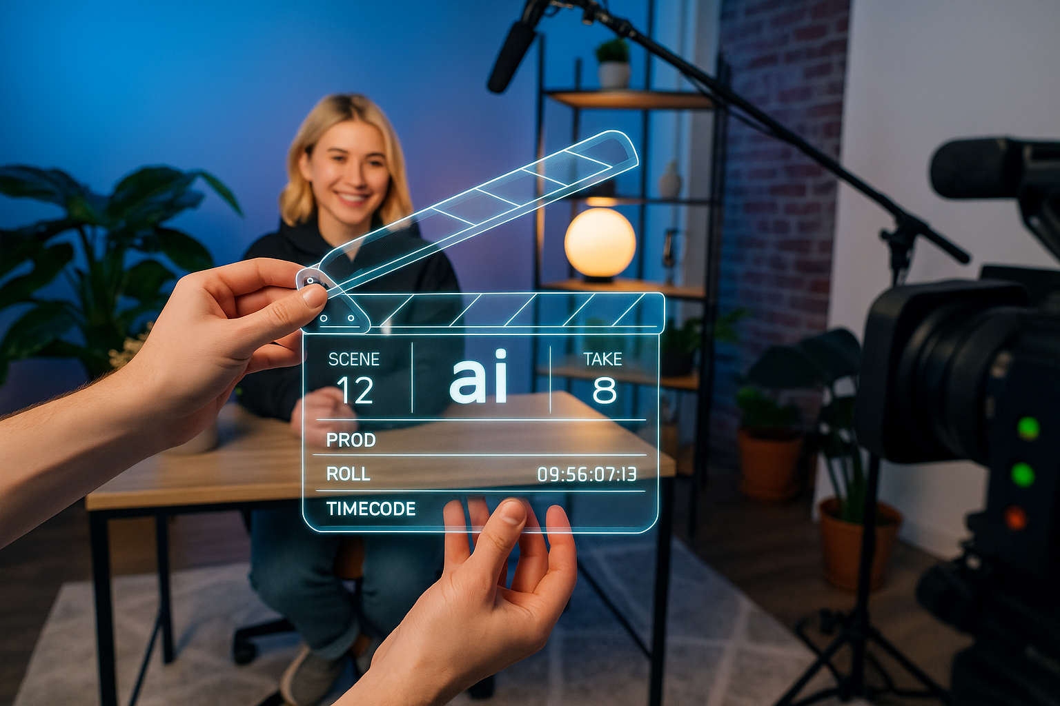 Educator sitting in a modern video recording studio while a futuristic transparent AI clapboard is held in the foreground.