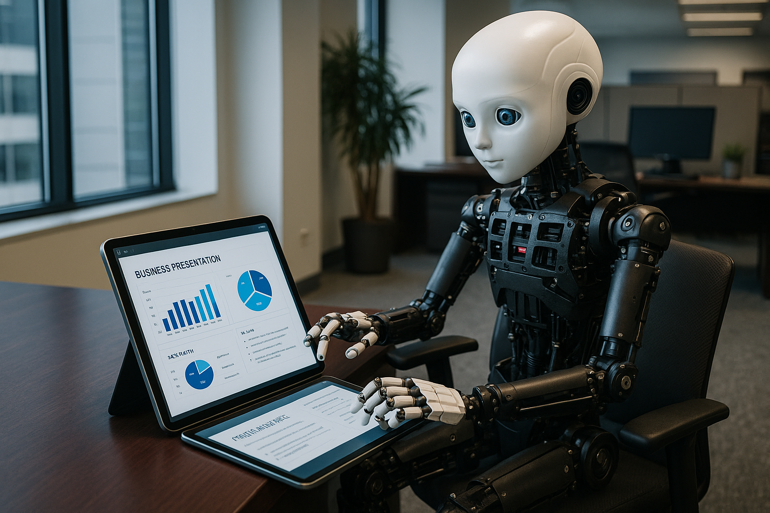 A humanoid robot in an office setting creating a business presentation on a tablet, symbolizing AI PPT makers and AI PowerPoint generators.